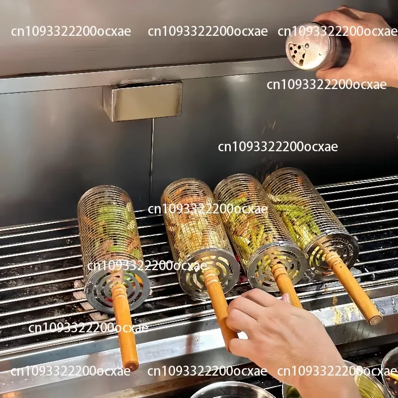 Circular Drum Barbecue Net. Rotating Grid With 304 Stainless Steel And Wooden Handle For Roasting Vegetables