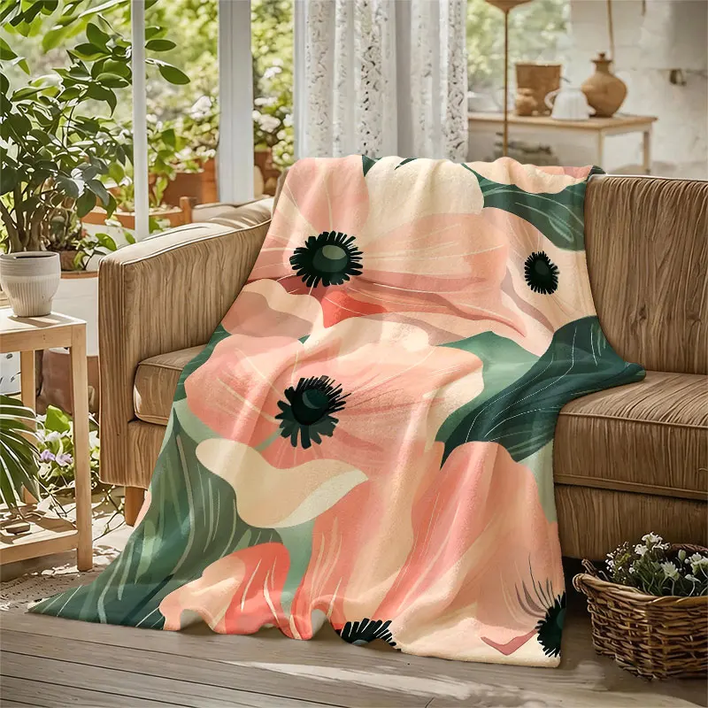Peach Poppy Flower Print Flannel Blanket Warm Soft Halloween Christmas Decorative Couch Warm Cozy All-Season Gift