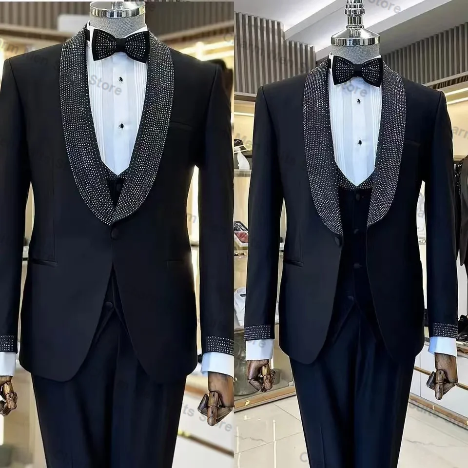 Black Crystal Men Suits Set 2 Piece Blazer+Pant Trousers Custom Made Wedding Tuxedo Formal Office Business Prom Jacket Coat