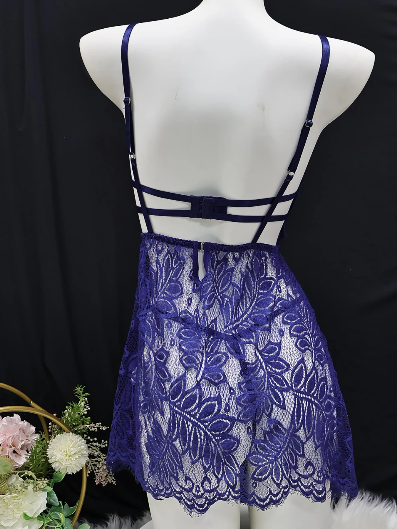 Women Royal Blue Lace Lingerie Set Semi Sheer Night Dress With Thong No Padding Criss Cross Back Sexy Ladies Intimate Sleepwear