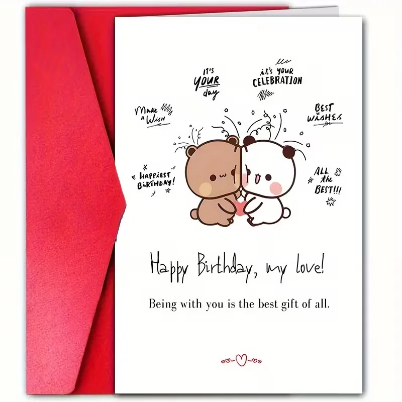 Tarjeta de Cumpleaños con Panda y Oso con la Frase "Estar Contigo Es El Mejor Regalo de Todos Los Tiempos", Romántica y para Parejas, con la Inscripción "Feliz Cumpleaños, Mi Amor"