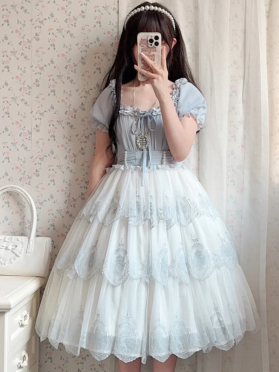 

Japanese Sweet Style Girl Cosplay Lolita Op Elegant Lace Flower Ruffle Ribbon Bowknot Pearls Waistband Tunic Puff Sleeve Dress