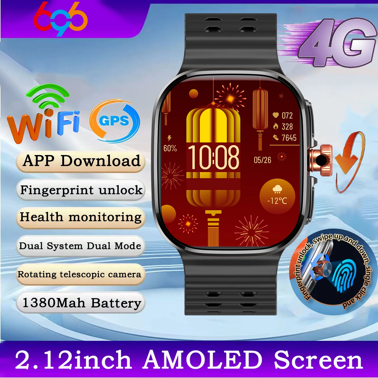 

4G Smartwatch 2.12" Amoled Screen 200W Rotating Camera WIFI GPS Position Blue Tooth Smart Watch Men Women Fingerprint Unlock