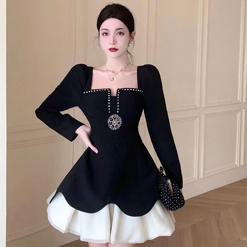 French Vintage Light Luxury Hepburn-style Mini Lolita Dress Women High-end Sense Autumn New Sweet Spicy Black Dresses Female