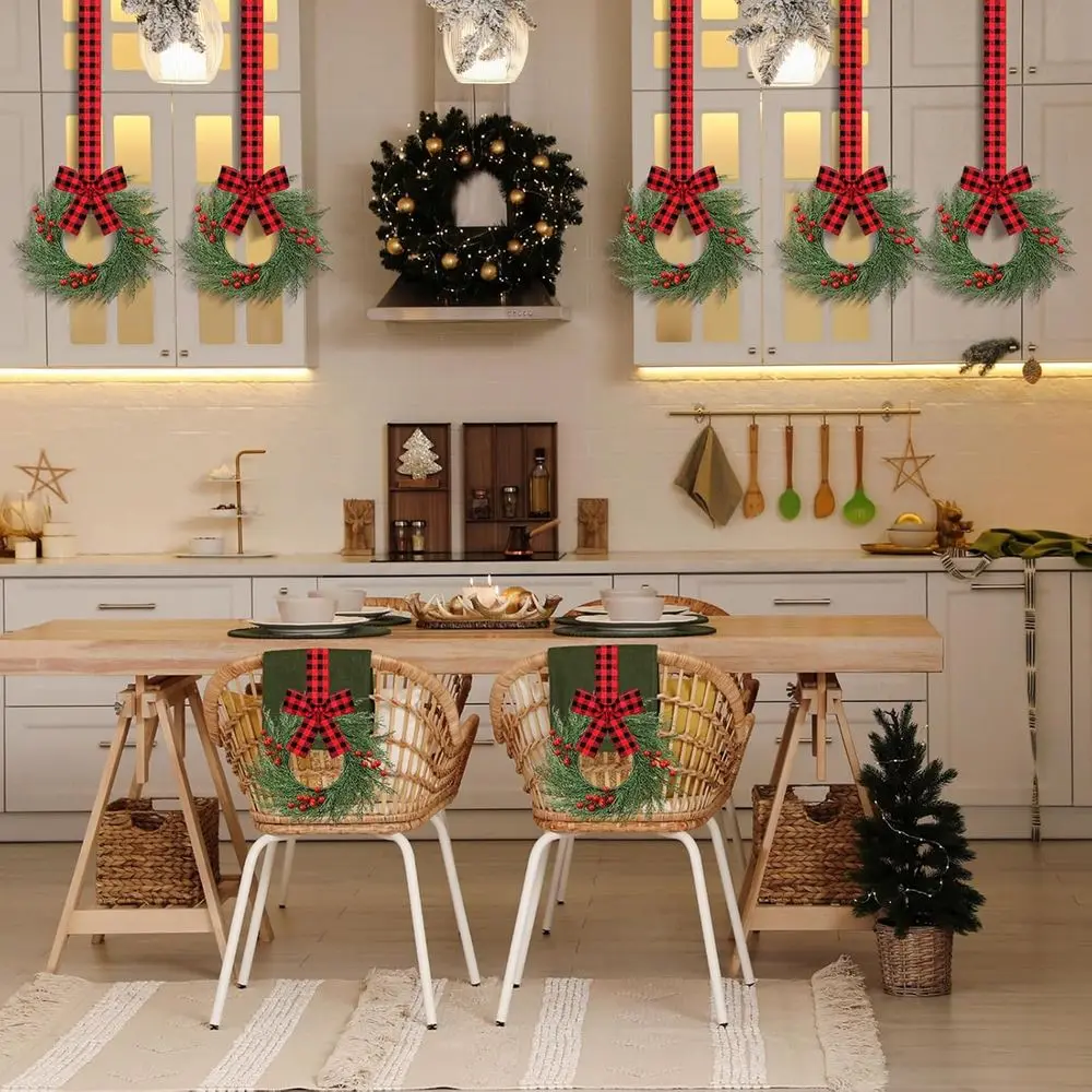Grinaldas de natal de vegetação artificial, 12 pacotes, grinaldas pequenas de armário de cozinha com fita de laço xadrez, xadrez de búfalo vermelho preto, fo