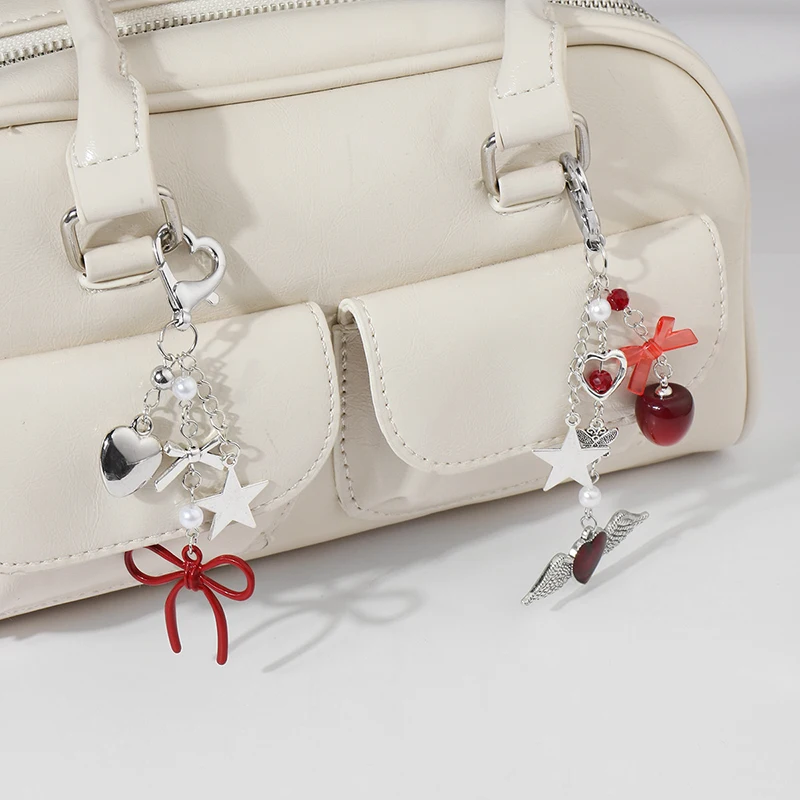 Fashion Red Heart Bow Keychain Bag Pendant Cute Simple Love Bowknot Keyrings Exquisite Backpack Hanging Decoration Gifts