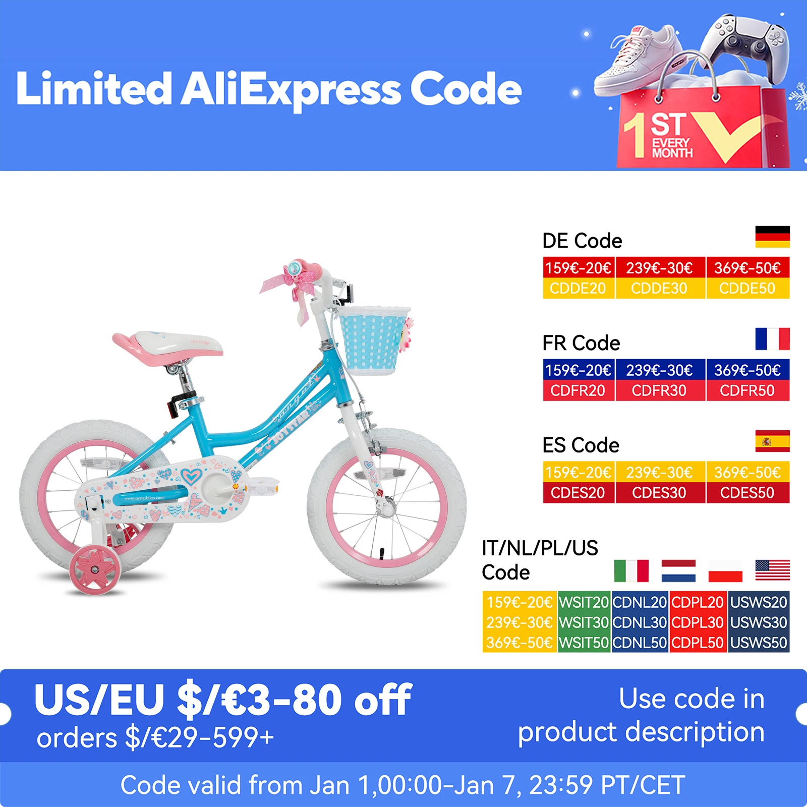 JOYSTAR Angel Girls Bike for Toddlers and Ages 2-9 Years Old,Kids Bike with Training Wheels & Basket with Handbrake & Kickstand