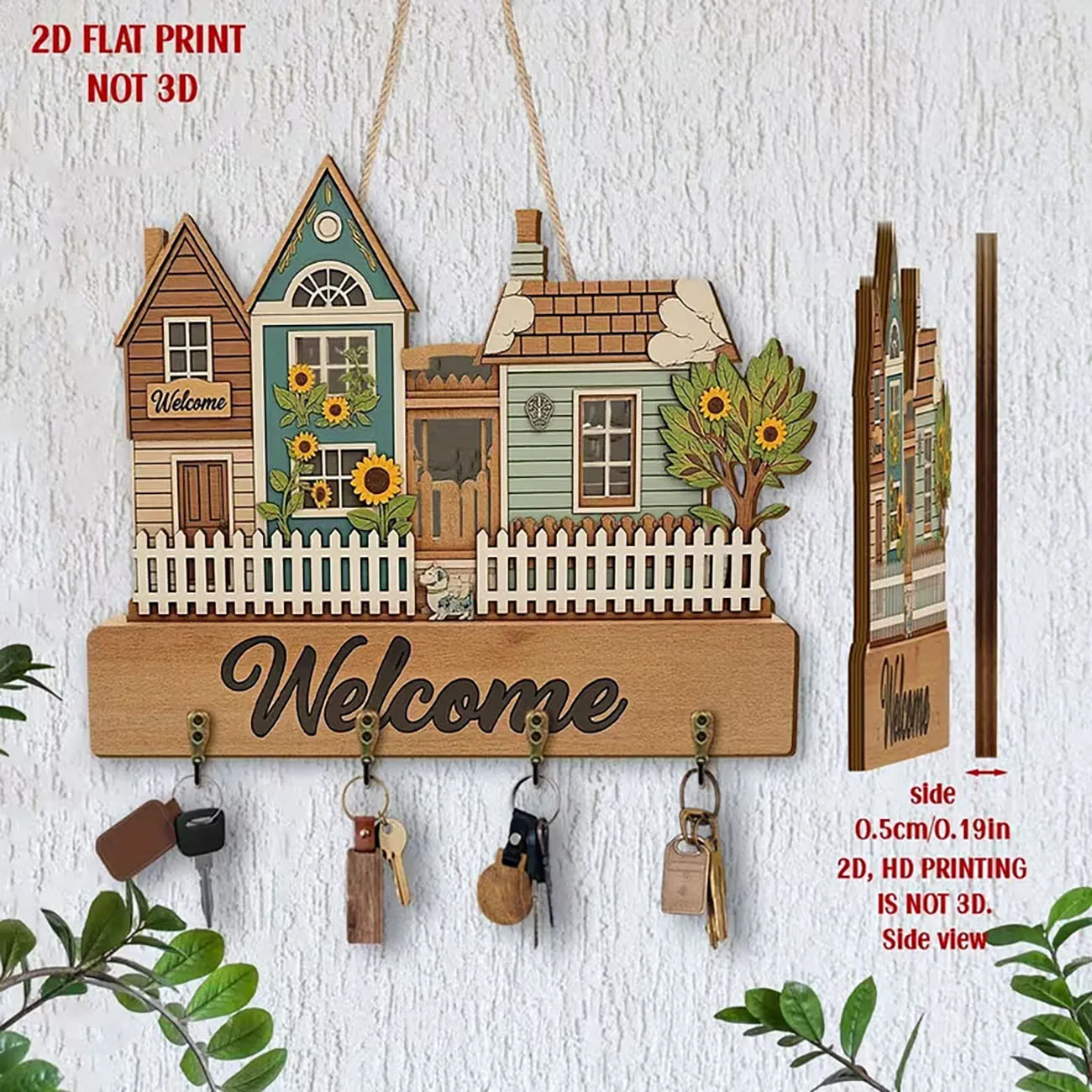 Welcome Sunflower Country House Wooden Key Hook Wall Hanging Decor With Four Metal Hooks 2D Flat Print
