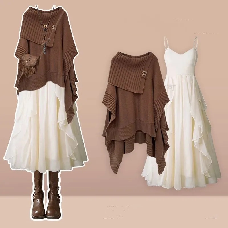 المرأة الخريف الشتاء موضة جديدة في فستان مطابقة مجموعة الكورية أنيقة محبوك سترة شال مثير حزام تنورة قطعتين دعوى