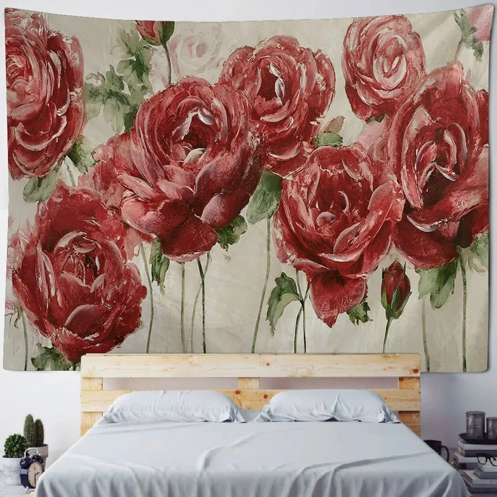 

Bohemian European Style Aesthetic Background Cloth Retro Flower Oil Painting Wall Hanging Cloth Lotus Rose Starry Sky Tapestry