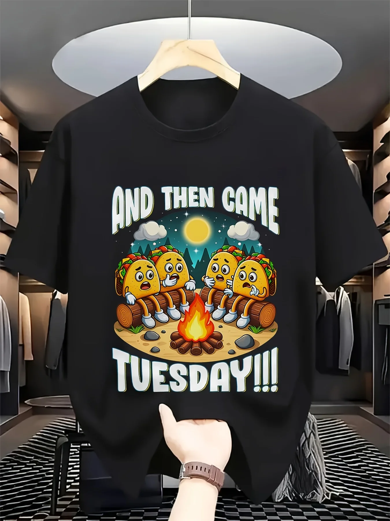"Wednesday Nightmares Campfire Story" Men's Plain T-Shirt, Retro Fun Print with Campfire Character Design, Soft and Breathable Short Sleeves, Machine Washable, Casual Wear for All Seasons, Retro Casual Round-Neck Printed Short-Sleeve T-Shirt, Suitable for Daily Commuting and Outdoor Activities, Machine Washable