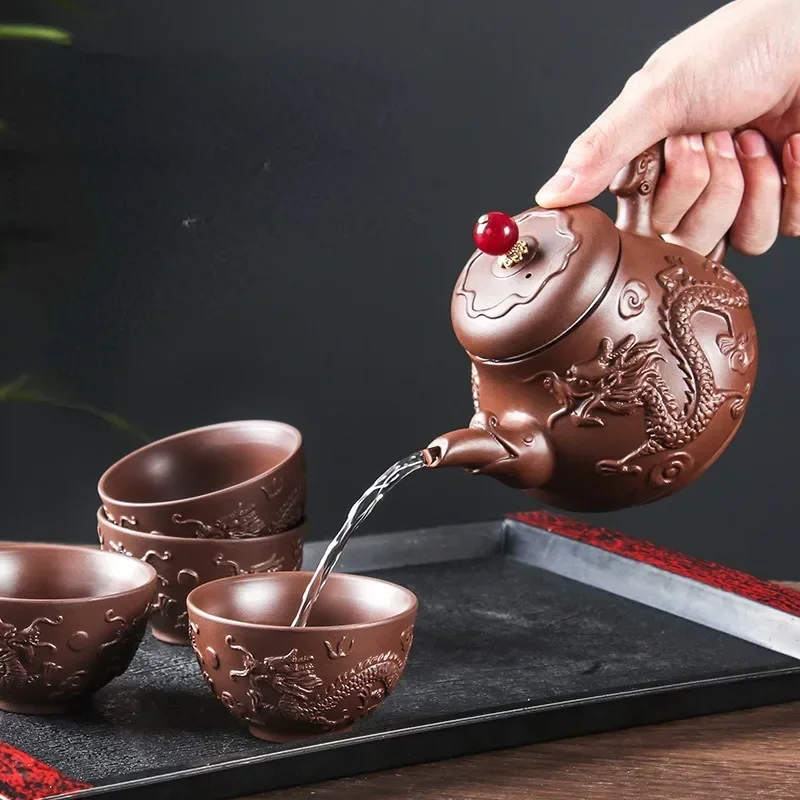 Authentic Yixing Dragon Pattern Purple Clay Tea Pot Original Mine Handmade Teapot Tea   400ml