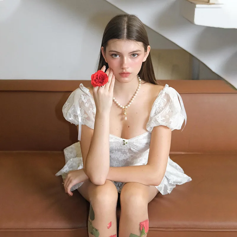 JHJN Sexy Woman Dress Square Neck Bubble Sleeves Lace Mini Skirt Mesh Sheer Frock Backless Printed Party Vestidos Evening Gown