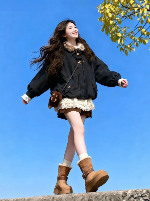 

Ретро-костюм из хлопка премиум-класса: куртка и юбка в корейском стиле, свободный крой, длинный рукав, на молнии, модная цветная верхняя одежда