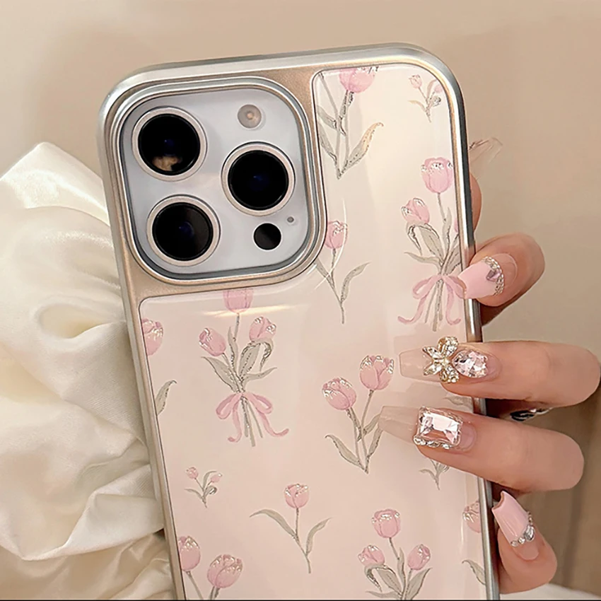 핑크 튤립 폰 케이스 아이폰 16 15 14 13 프로 12 11 맥스 플러스 16프로 전기 도금 폰 케이스 창의적인 15프로 커버 하드 쉘
