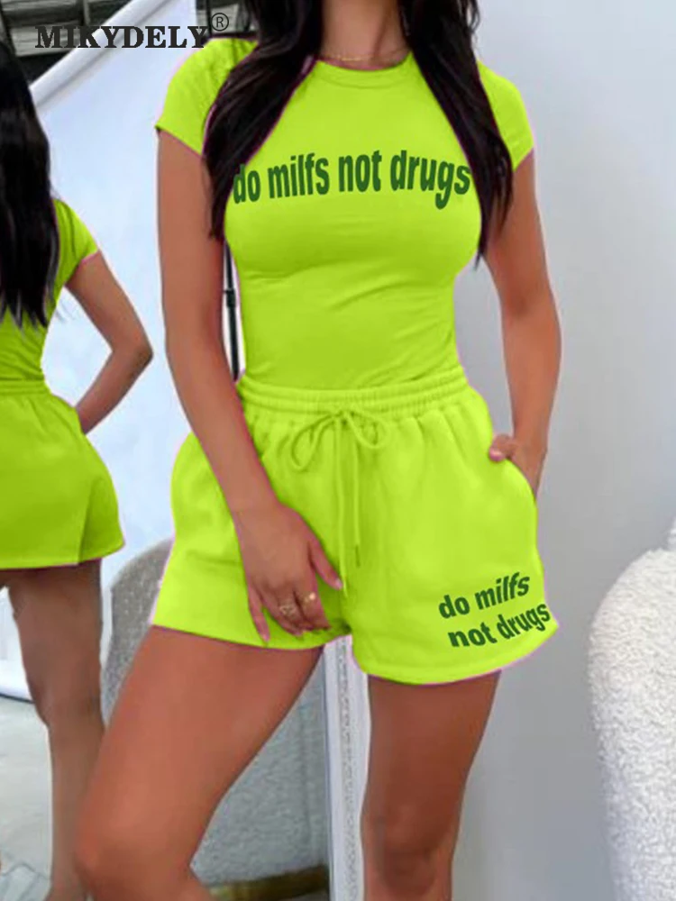 

Mikydely Neon Green Shorts Sets Women 2 Pieces Sets Cropped T Shirts And Shorts Letter Print Casual Shorts Outfits Tracksuit