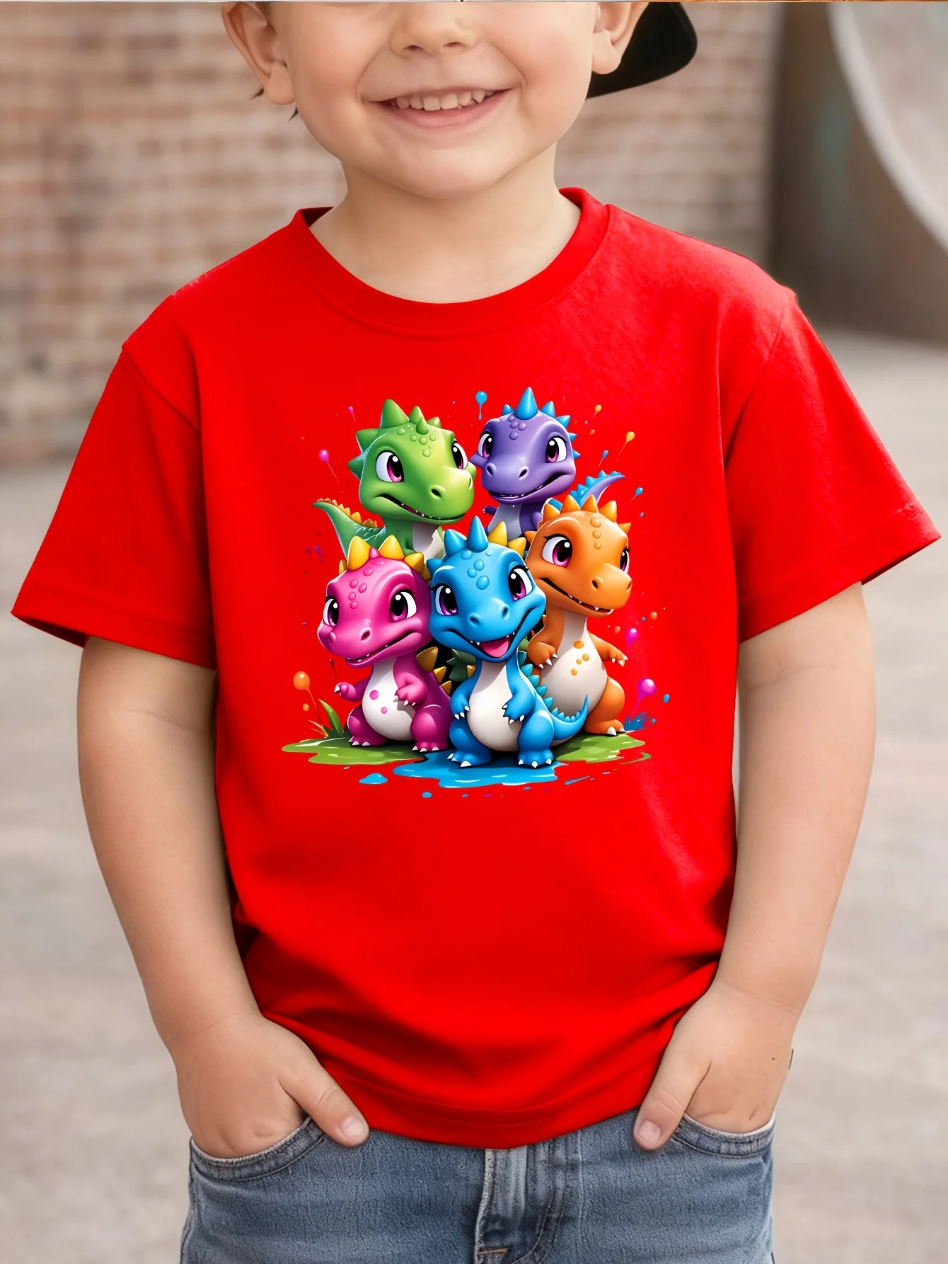 Five Colorful Dinosaurs Kids Tee Splash Art Print Boys Girls Family Matching Cotton Summer Short Sleeve Basic Children Tshirt