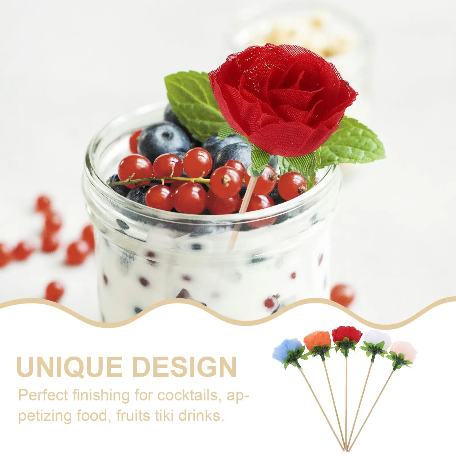 50Pcs Artificial Rose Flower Cocktail Picks Bamboo Skewers for Drinks Party Appetizer Toothpicks Wedding Bridal Shower Dessert