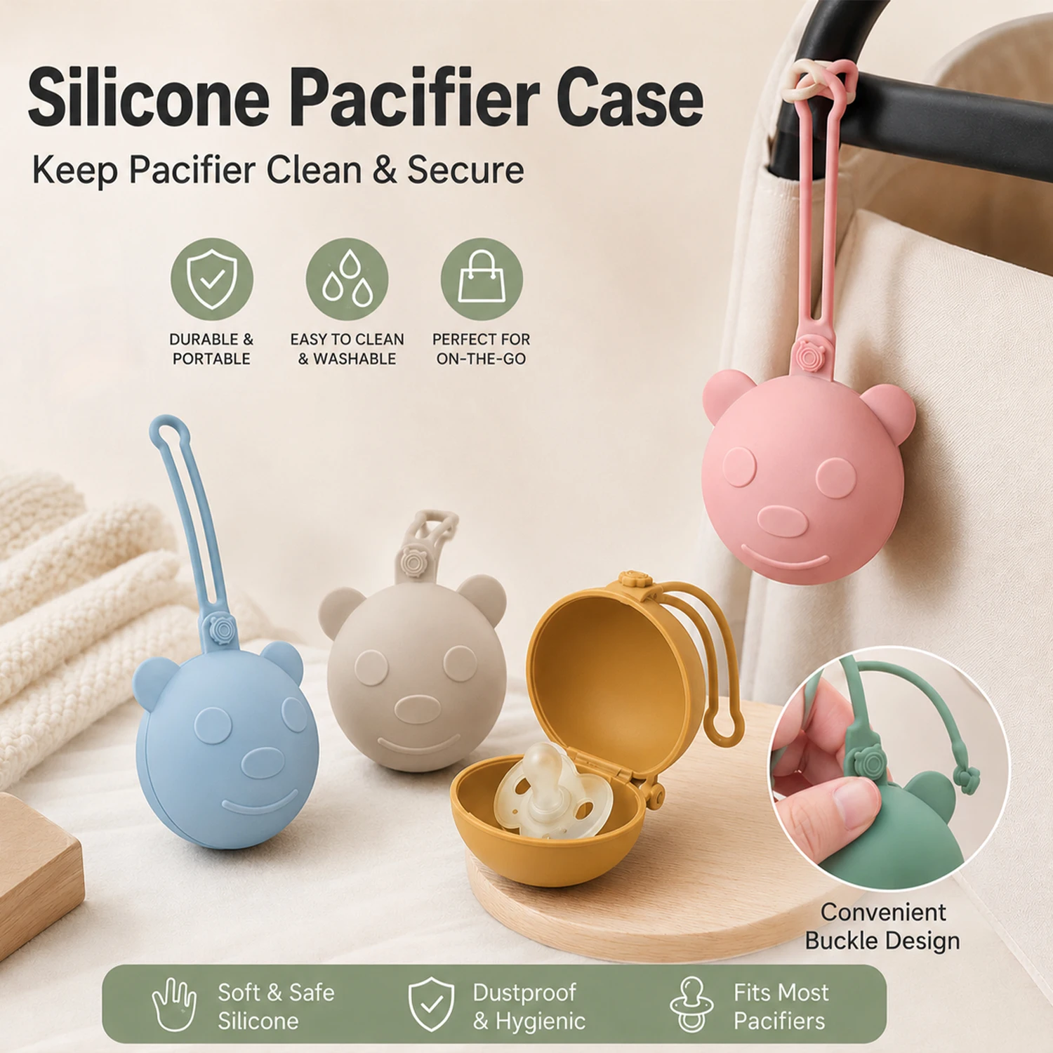 Picture: Bear-shaped portable silicone pacifier box, storage bag, can be used as a stroller accessory, diaper bag, or backpack charm.