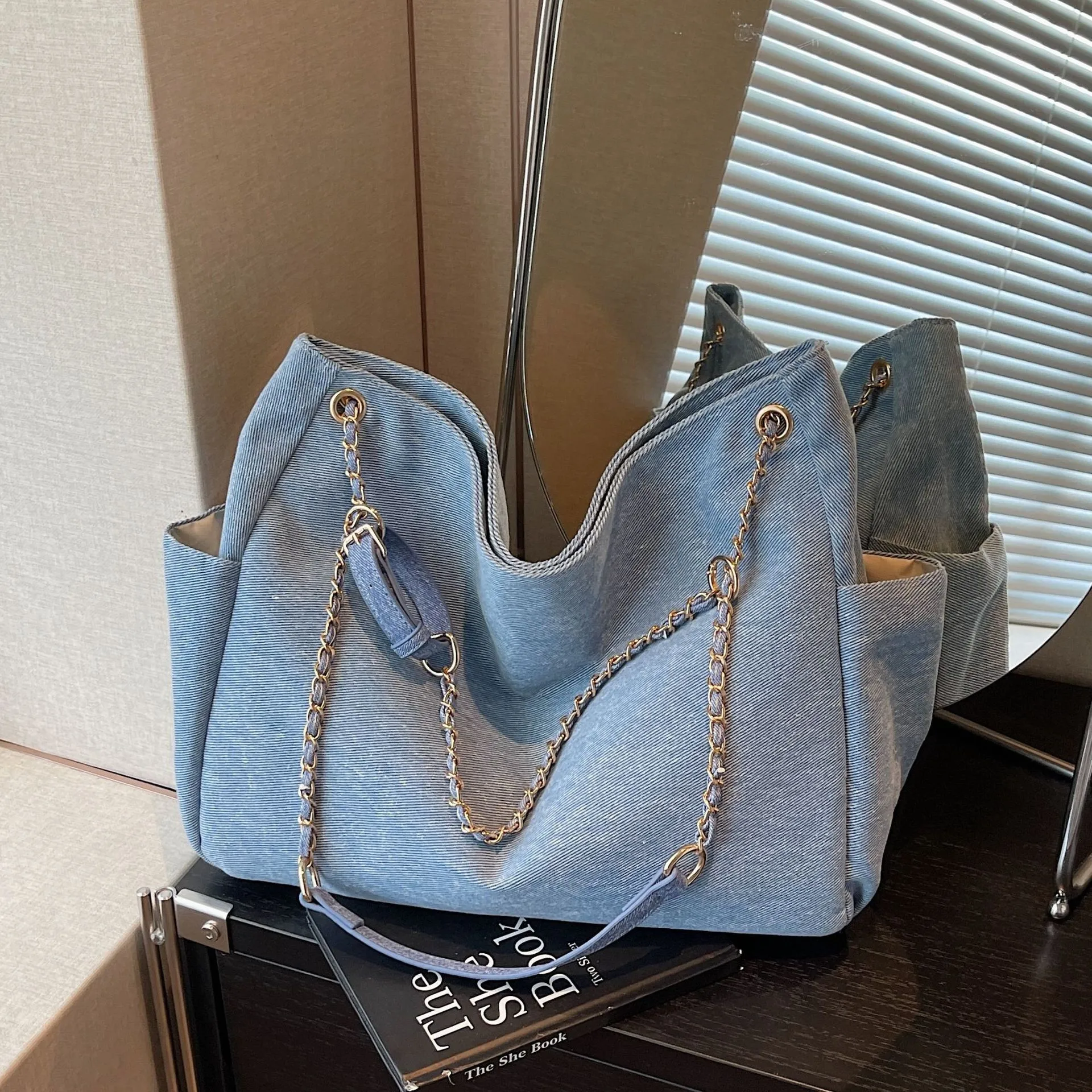 Washed Denim Shoulder Bag - Versatile Commuter