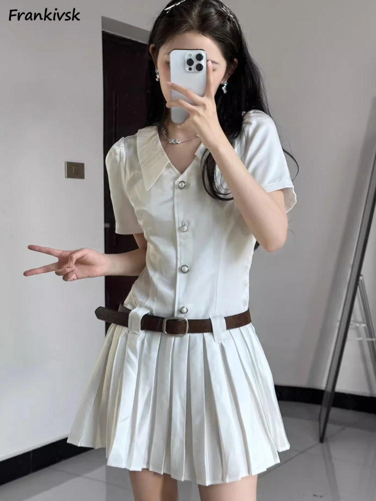 

Korean Style Dresses Women Pleated High Street Belt Mini Summer Simple Sweet Low Waist Students New Fashion Clothing Sundress