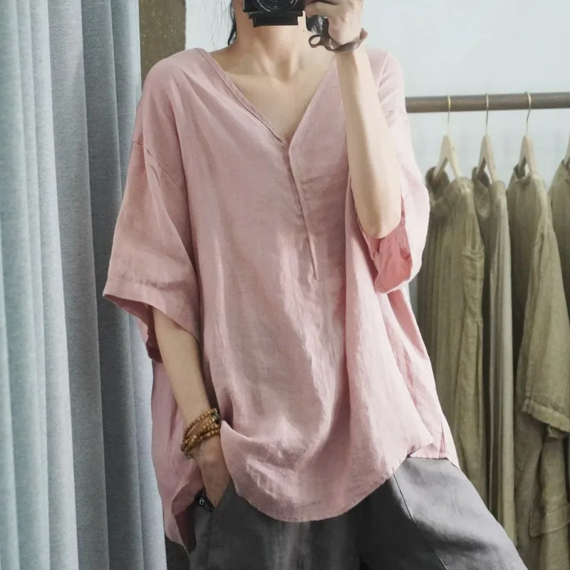 

2025 New Summer Cotton and Linen Short Sleeved V-neck Blouse Women Chinese Style Large Loose Half Sleeve Casual Women's Shirt