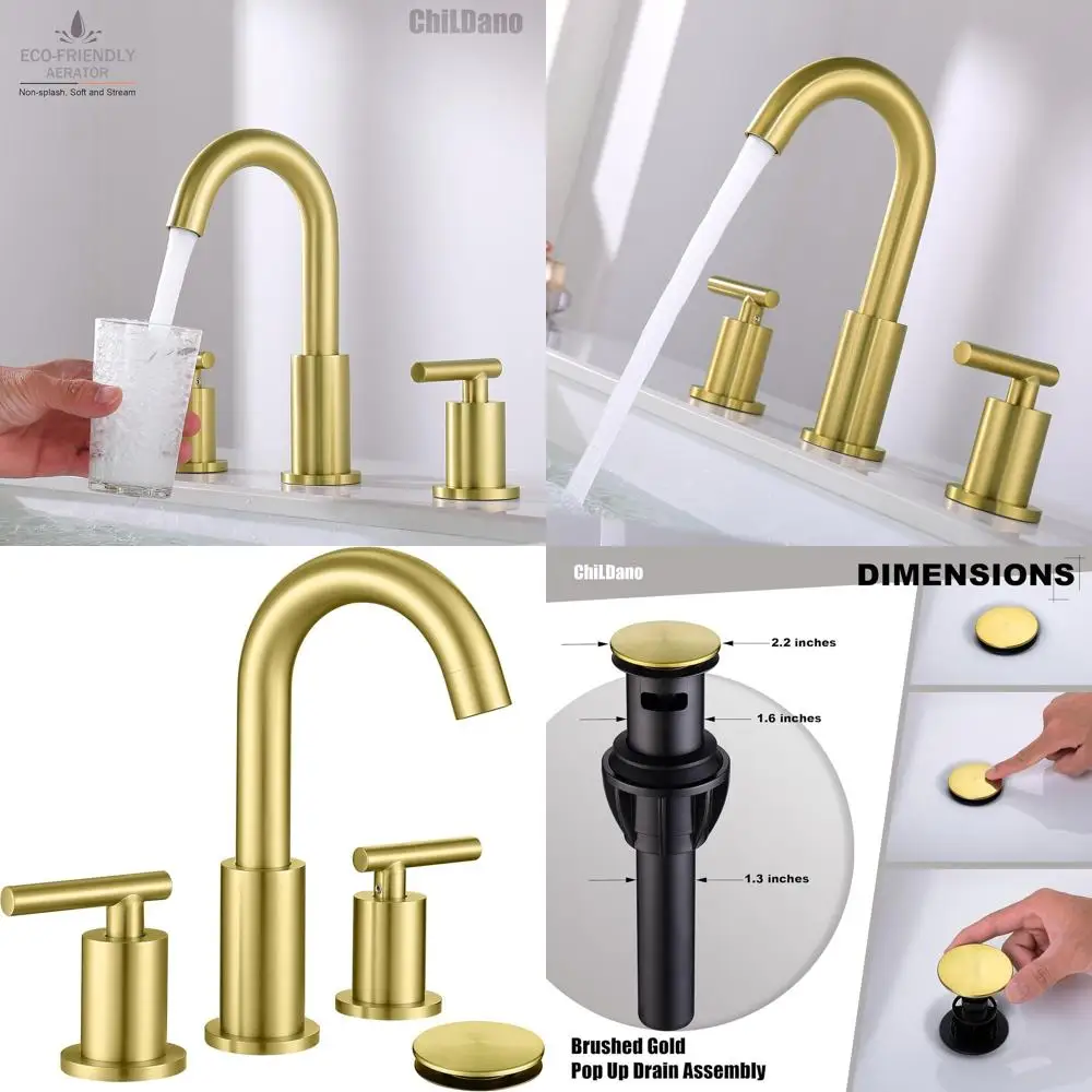 

8 Gold-Plated Widespread Sink Faucet with Drain and Hose, 3-Hole Mount, Model CH2183BG