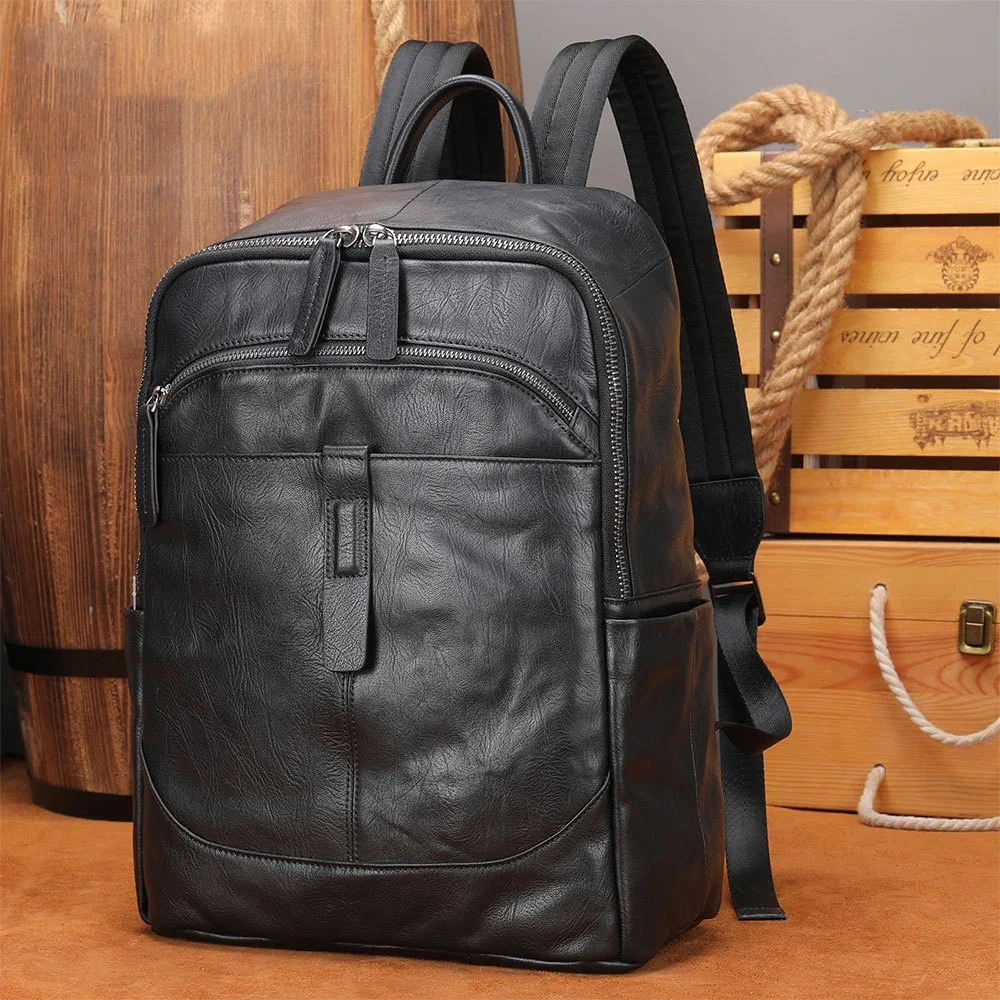 

Black Leather Men Backpack Genuine Travel Bag Casual Daypack Fashion School s Large Laptop Soft Skin 14"