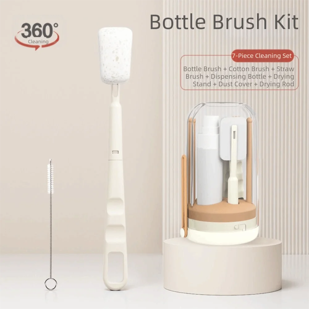 Soft Head Brush 7 in 1 Bottle Brush Kit Vertical Drying Rack Foldable Baby Bottle Cleaner Cotton Brush Dust Cover