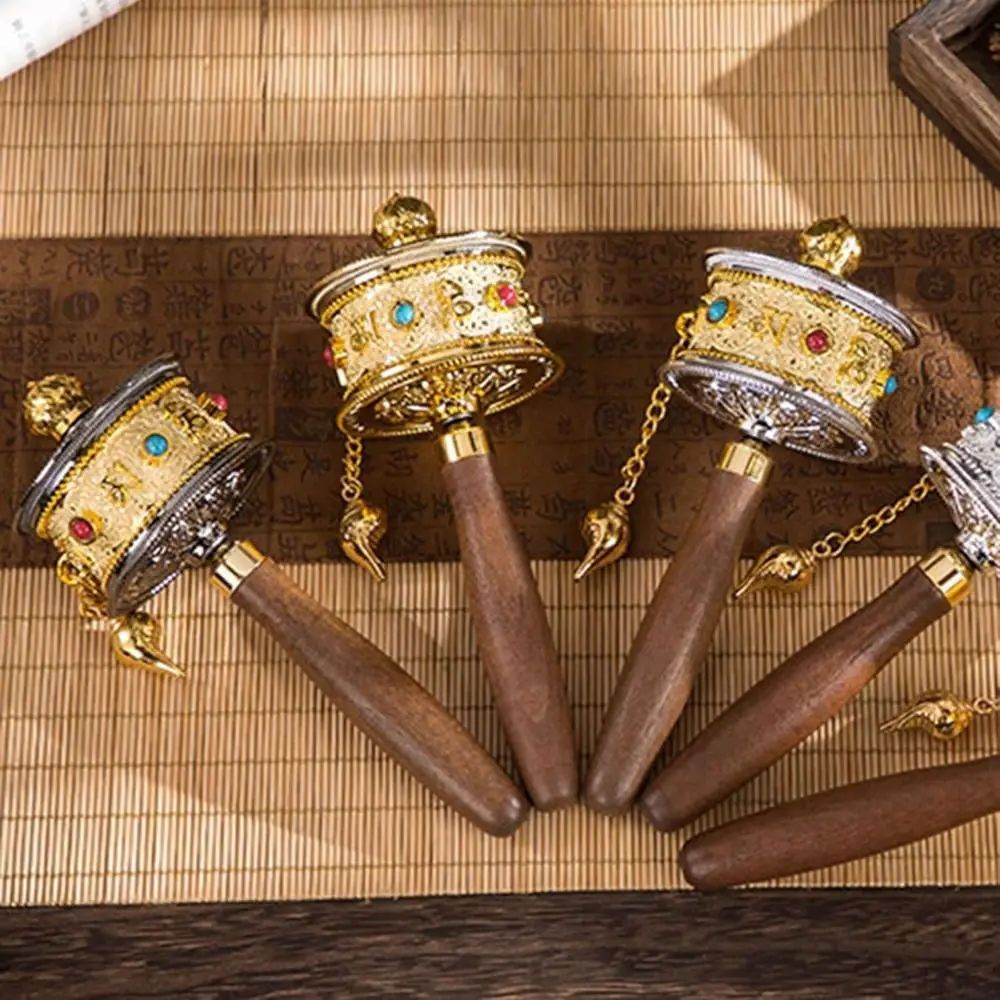 Hand Cranking Tibetan Prayer Wheel Colourful Hand Held Turn Praying Instrument Wooden Handle Rotatable Religious Ornament