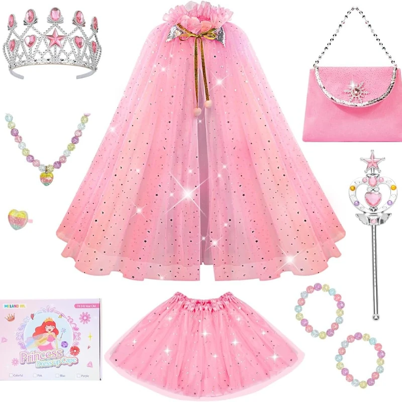 Sparkly Star Tulle Cloak and Tutu Skirt Costume Kit Tiara Magic Wand Beaded Jewelry Snowflake Handbag for Cosplay Gathering