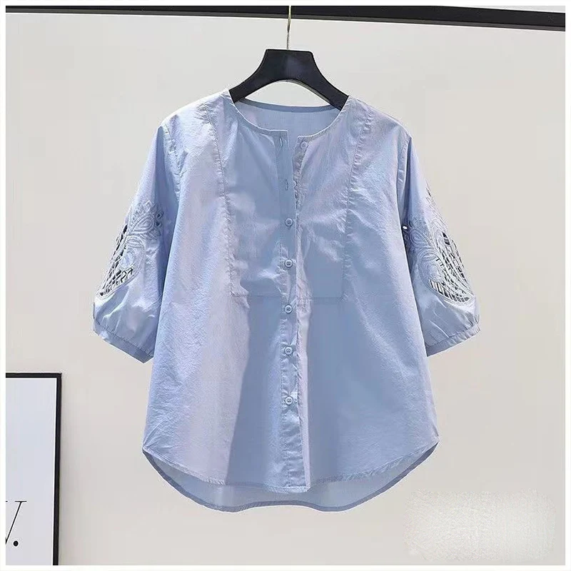 Light Purple Hollow Embroidered Mid Sleeved Pure Cotton Shirt for Women\'s Summer Round Neck Loose Slimming Casual Versatile Top