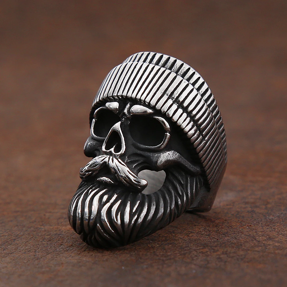 Vintage Hat Big Beard Skull Ring for Men Gothic Stainless Steel Skull Rings Punk Hip Hop Biker Amulet Jewelry Gift Wholesale