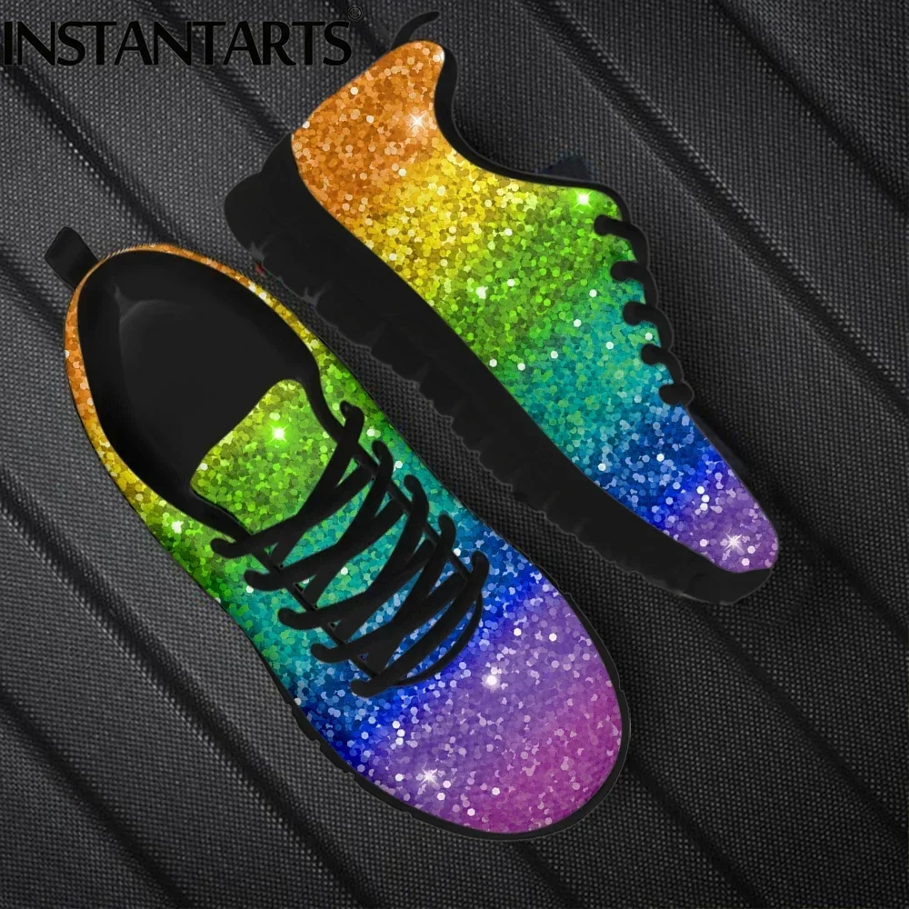 Cool Rainbow Glitter Texture Printed Girls Flat Shoes Breathable Slip-on Mesh Sneakers Outdoor Lace up Scarpe Donna