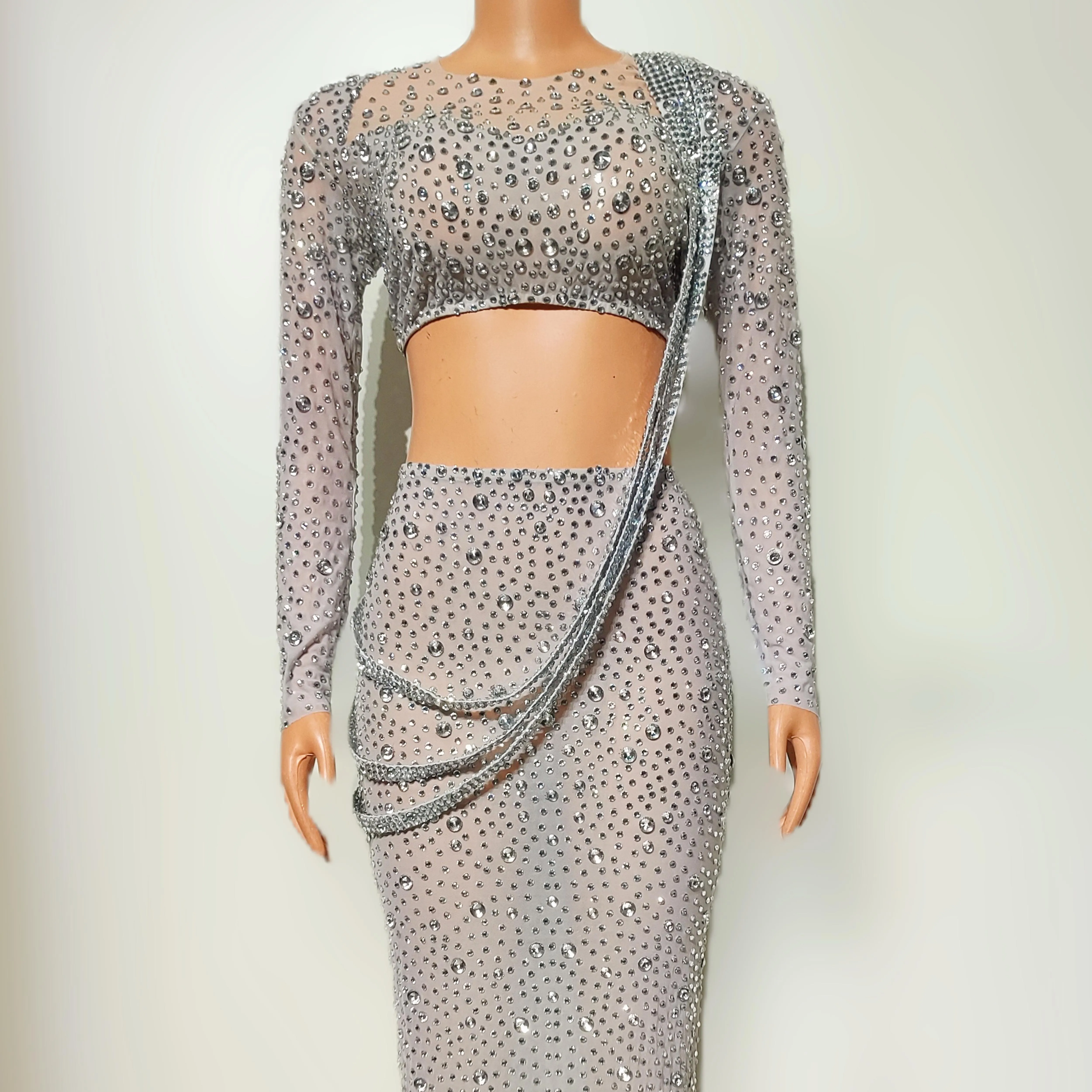 เซ็กซี่ Rhinestones CHAIN STAGE ชุดไนท์คลับบาร์ DJ JAZZ เครื่องแต่งกายประสิทธิภาพนักร้องรุ่นผู้หญิง Gogo นักเต้นชุดยาว DN19694