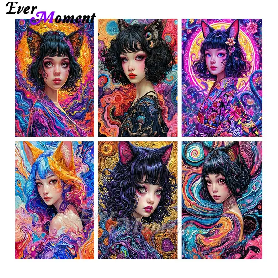 

Ever Moment AB Алмазная картина Красивая девушка с лисьими ушками Корейский японский DIY Настенный художественный домашний декор ASF2834