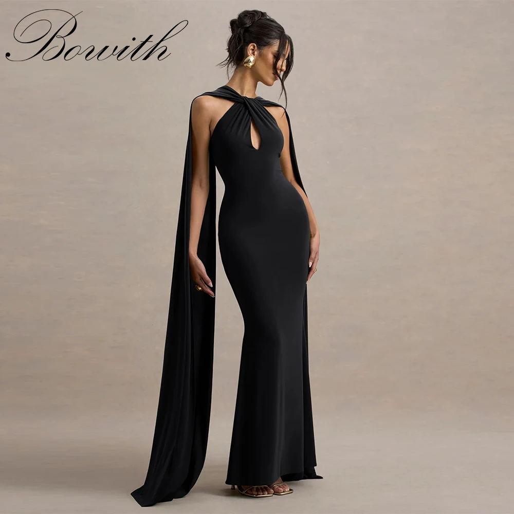 

Bowith Black Mermaid Elegant Evening Dresses Halter Sleeveless Floor-Length Party Dresses Customized Prom Dresses