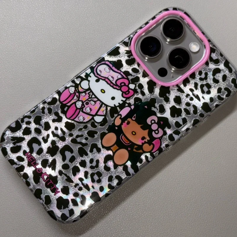 Funda Kawaii Tan Hello Kitty con estampado de leopardo Y2K para IPhone 16 15 14 13 12 Pro Max Sanrio funda protectora creativa con pulsera