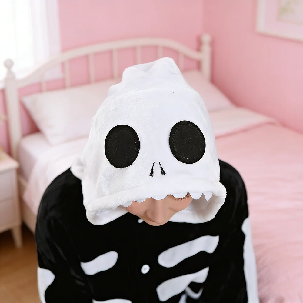 Black Human Skeleton Costume Adult Women Onesie Pajamas Cozy Halloween Costumes Outfit Suit Hoodie for Womens One Piece Jumpsuit