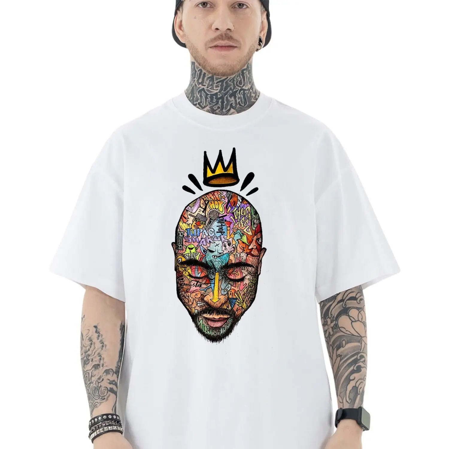 

King Tattoo Tupac Shakur Классический нишевый дизайн Летняя мужская и женская повседневная уличная одежда Хлопковая футболка с короткими рукавами в стиле хип-хоп