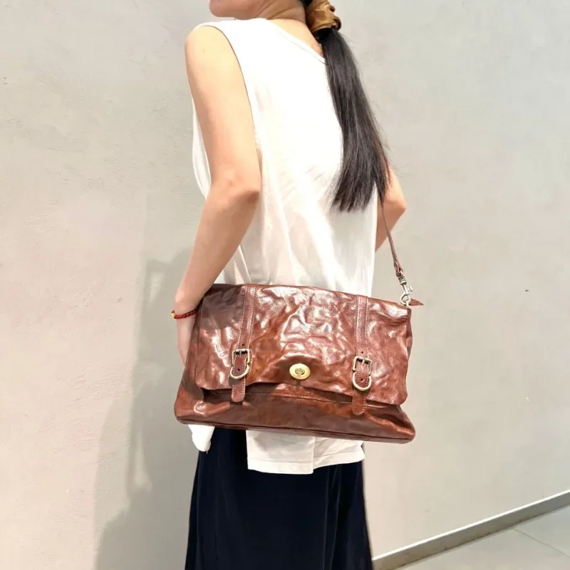 

High Quality Genuine Leather Vintage Handmade Message Bag Folds Design Casual Crossbody Shoulder Bags Large Capacity Bolsas