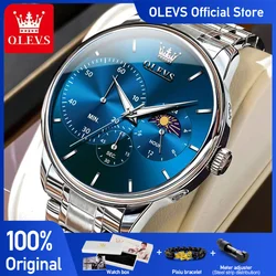 OLEVS Men's Watches Simple Casual Original Quartz Watch for Man Waterproof Stainleess Steel Luminous Moon Phase Chronograph 24H