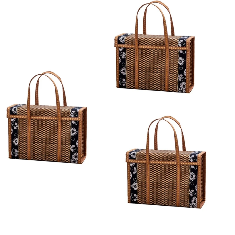 

3X Picnic Woven Basket Wicker Storage Bag Handle Folded Fruit Shopping Food Handle Rattan Grass Foldable Bamboo Basket