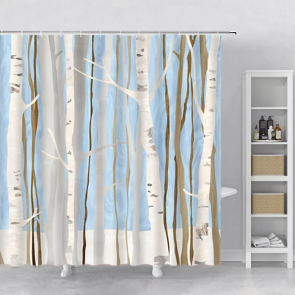 Brown Tree Fabric Shower Curtain, Art Abstract Birch Forest Wood Polyester Bath Curtain, Farmhouse Bathroom Curtains with Hooks