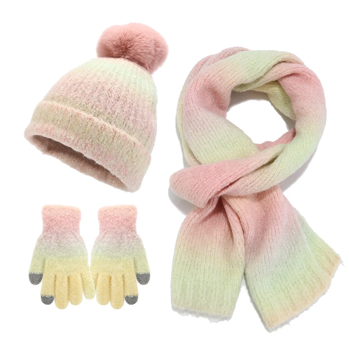 Tie Dye Wool Three Piece Set Hat Scarf Gloves Fashion Hair Ball Knitted Caps Set Women Outdoor Warm Gloves Winter Thicken Scarf