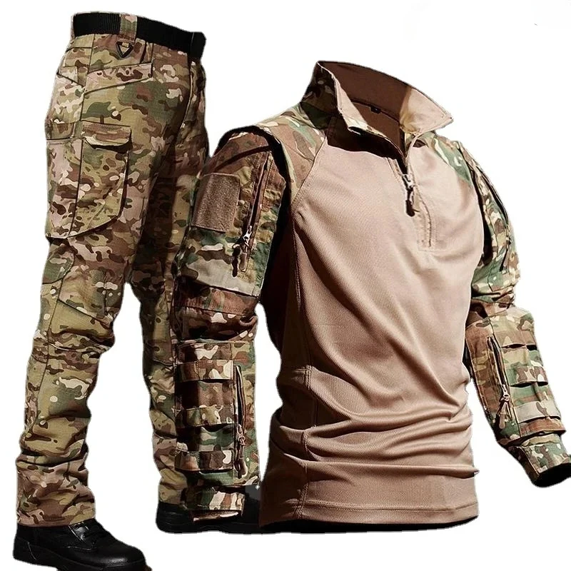 Men\'s Hiking Tactical Suit Outdoor Durable Breathable T-shirt Loose Pants G3 Frog Camouflage Set Multi-Pocket Waterproof Suits