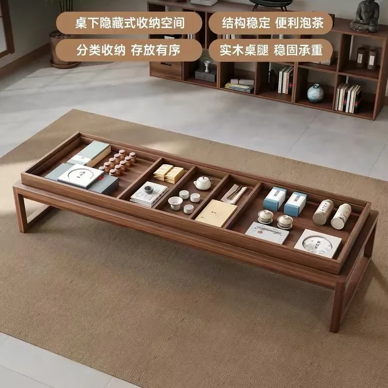 Solid Wood Tea Table with Storage Compartment Low Kang Table South American Walnut Tea Tray for Balcony High End Furniture