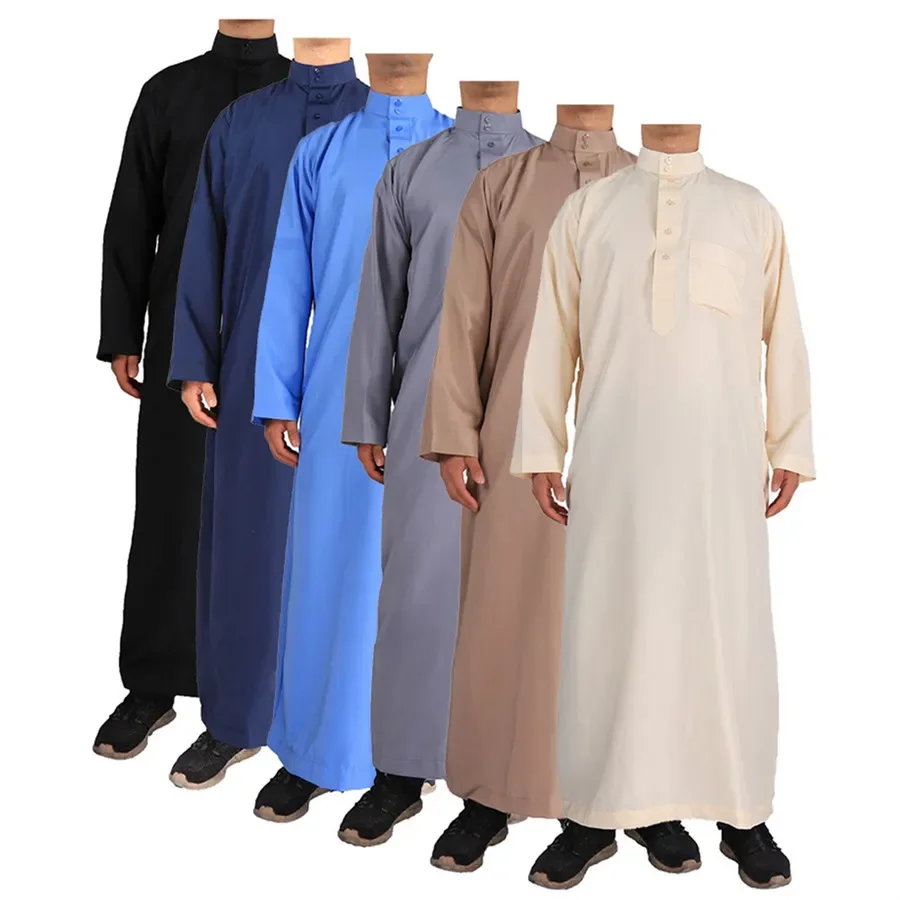 Solid Muslim Men Robe Kaftan Abaya Jubba Thobe Pakistan Style Islamic Clothing Qamis Long Sleeve Prayer Dress for Men Polyester