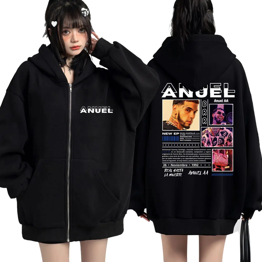 Rapper Anuel AA Real Hasta La Muerte Zip Up Hoodie Men Women Popular Harajuku Fleece Hoody Sweatshirts Loose Casual Streetwear