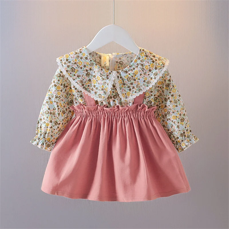 Long Sleeved Girls\' Dress Fake Two Piece Spring And Autumn Big Collar Floral Long Sleeved Patchwork Solid Color Suspender Dress